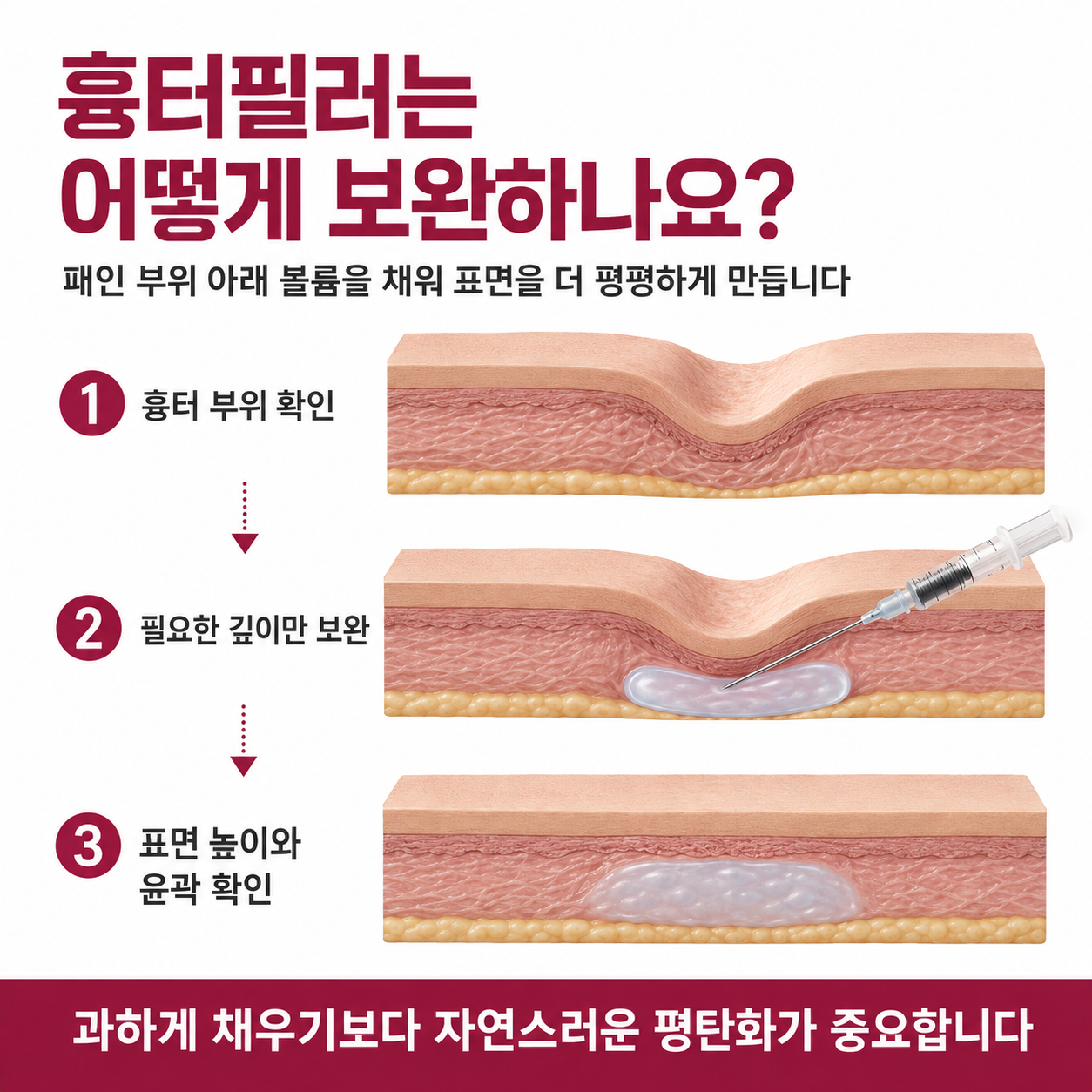 대구 흉터필러 주입 후 패인 부위가 주변 피부 높이와 자연스럽게 맞춰지는 원리