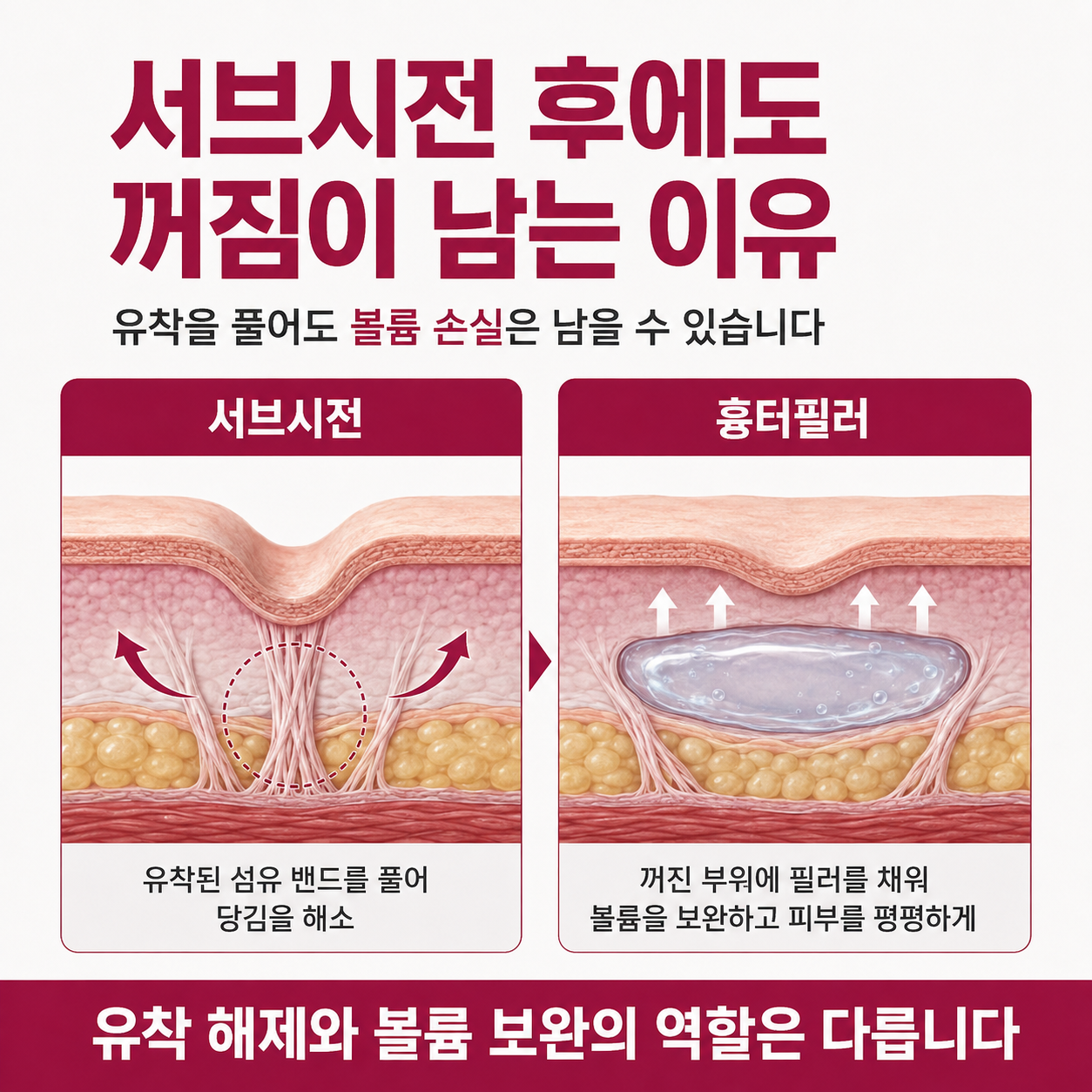 서브시전 후에도 볼륨 손실이 남아 흉터필러가 필요한 이유를 보여주는 피부 단면