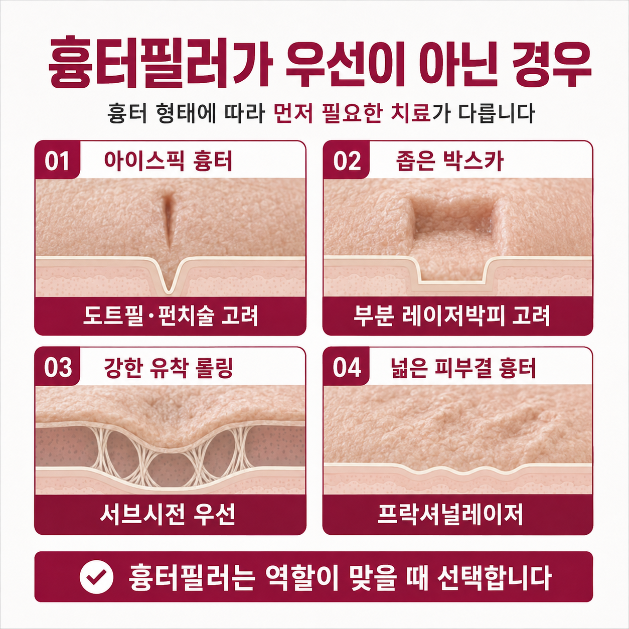 아이스픽 흉터 박스카 흉터 유착성 롤링 흉터와 흉터필러 치료 선택