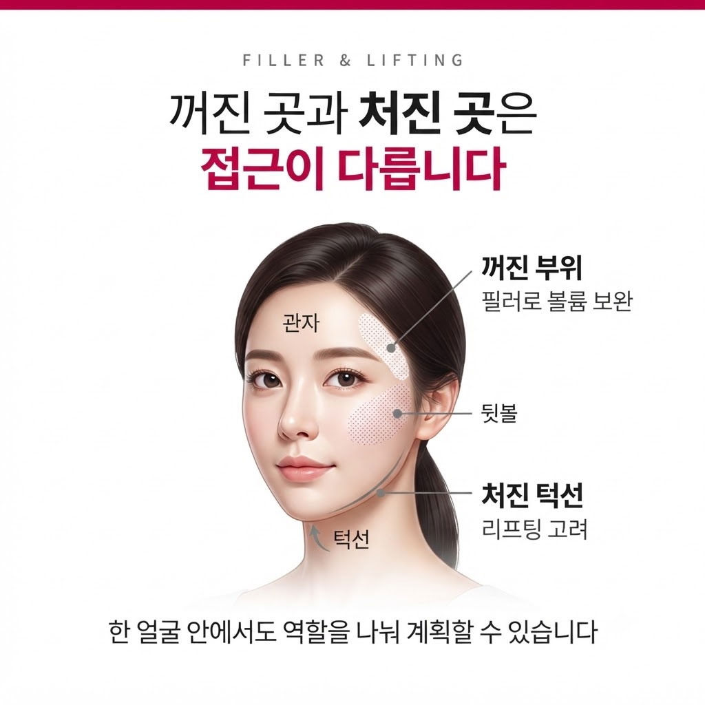 꺼진 부위 필러와 처진 부위 리프팅 접근 차이