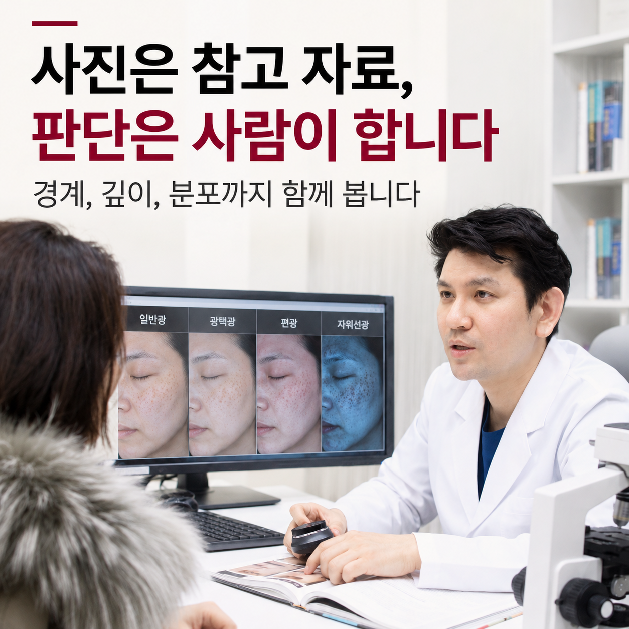 피부과 전문의가 마크뷰 사진과 피부를 함께 확인하는 기미 잡티 진료 과정