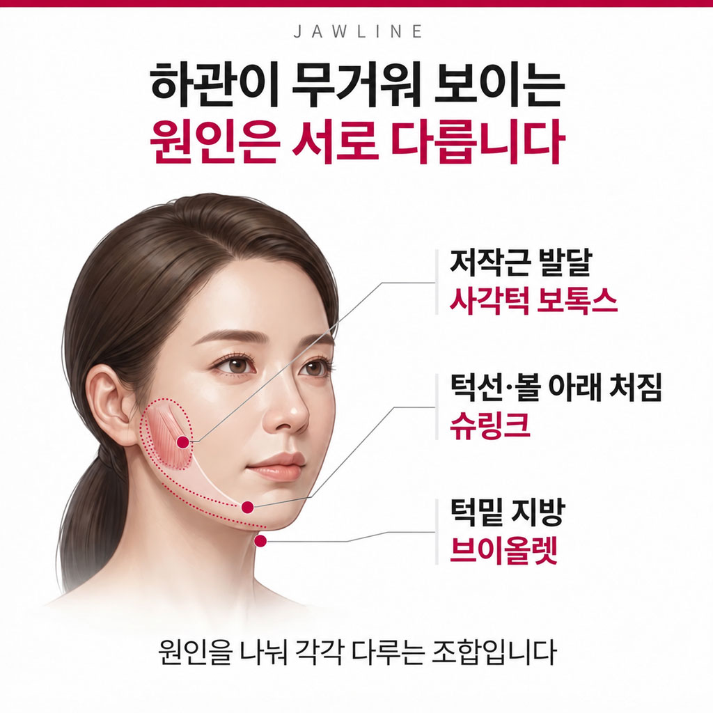 하관이 무거워 보이는 저작근 발달 턱선 처짐 턱밑 지방 원인 비교
