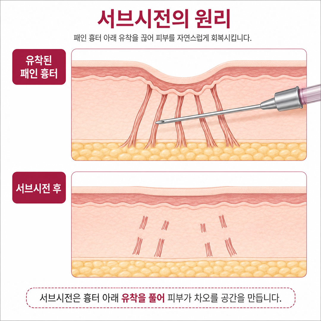 서브시전피부과에서 피부 아래 섬유밴드 유착을 끊어 패인 흉터가 올라올 공간을 만드는 원리