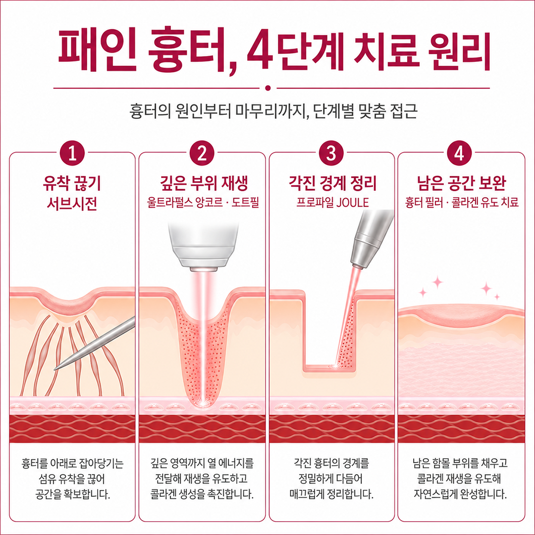 서브시전 유착 해제와 깊은 부위 재생 각진 경계 정리 남은 공간 보완의 패인 흉터 복합치료