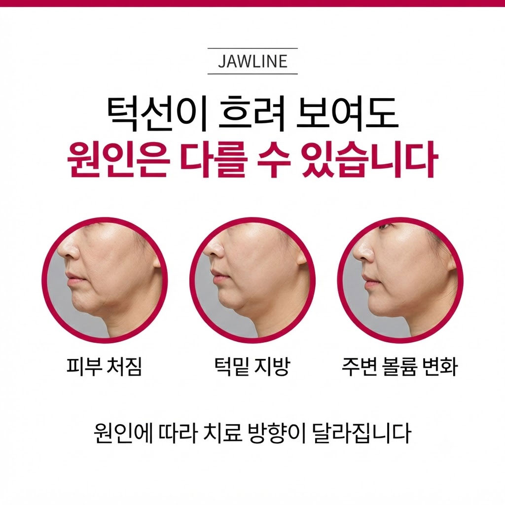 턱선 처짐과 턱밑 지방, 앞볼 볼륨 감소 유형 비교