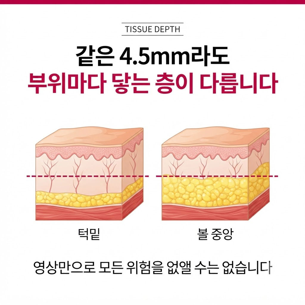 얼굴 부위별 조직 두께와 울쎄라 4.5mm 치료 깊이 비교