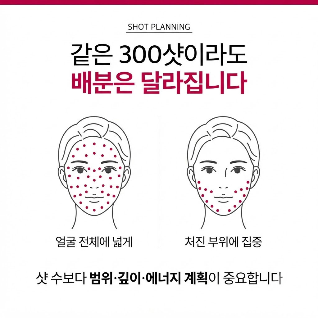 울쎄라 300샷의 얼굴 부위별 샷 배분 예시