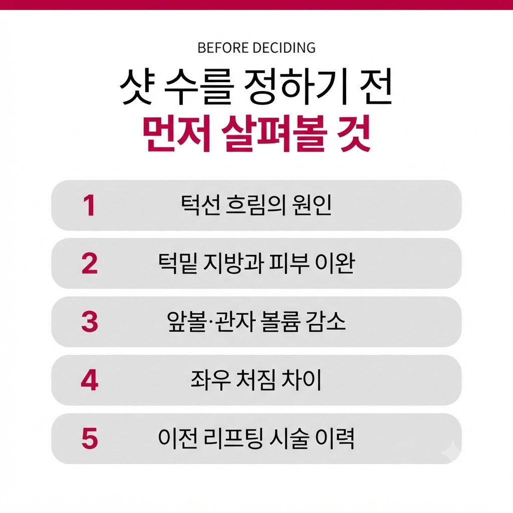 울쎄라 전 얼굴 처짐, 지방, 볼륨, 좌우 비대칭 확인