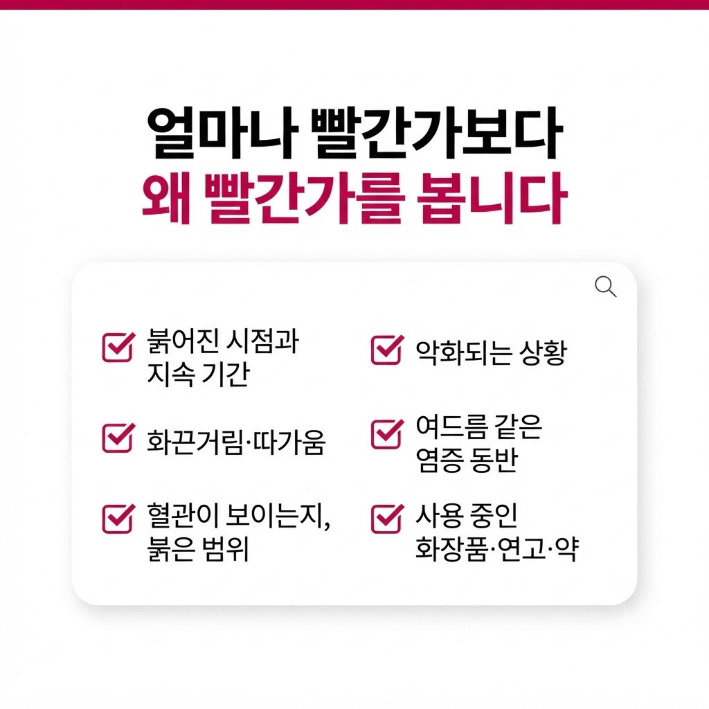 대구안면홍조피부과 진료 전 붉어지는 시점 지속시간 악화 상황 실핏줄 화끈거림 자가 확인