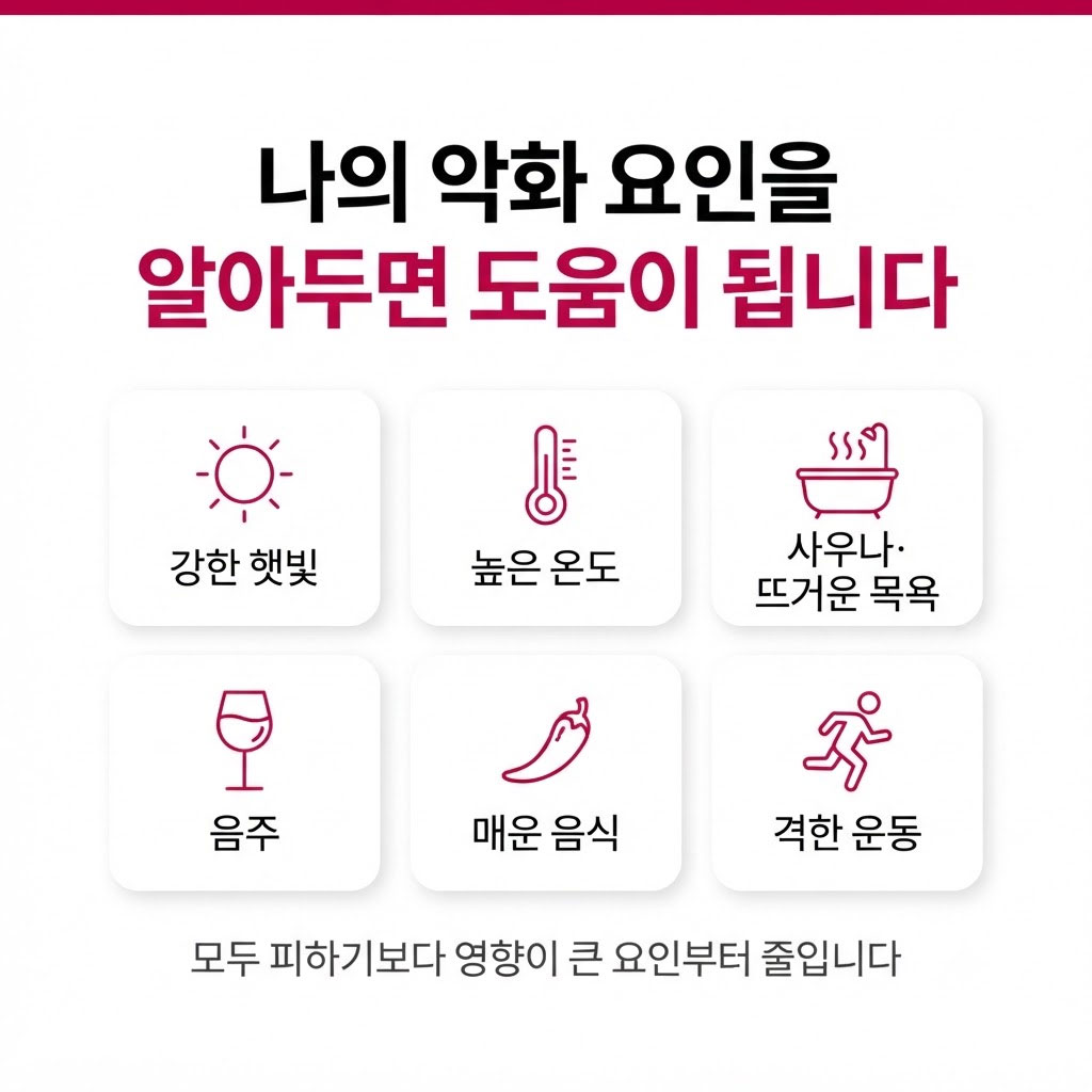 안면홍조 악화 요인 햇빛 온도 사우나 음주 매운 음식 운동