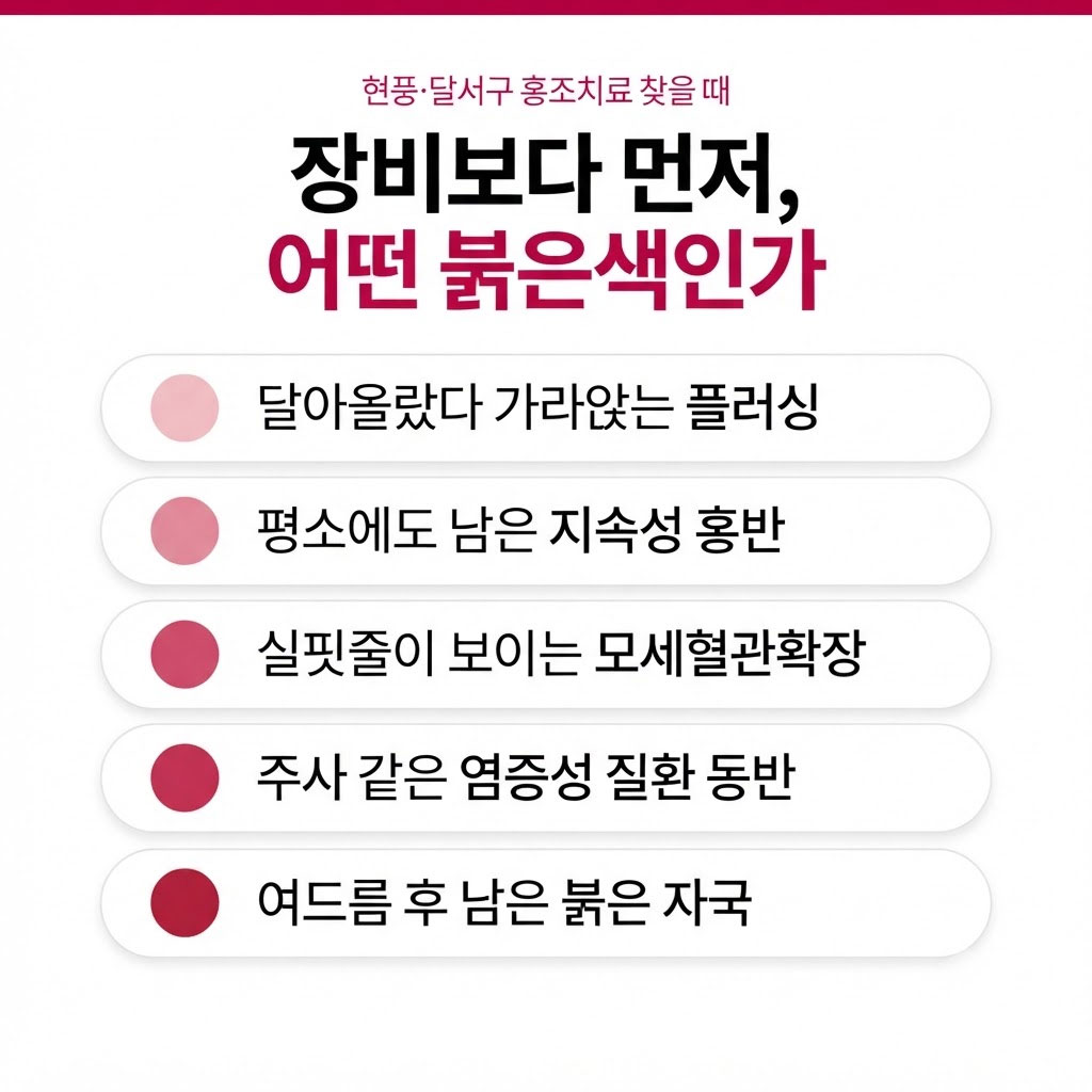 안면홍조 유형 플러싱 지속성 홍반 모세혈관확장 주사 여드름 후 붉은 자국 구분표