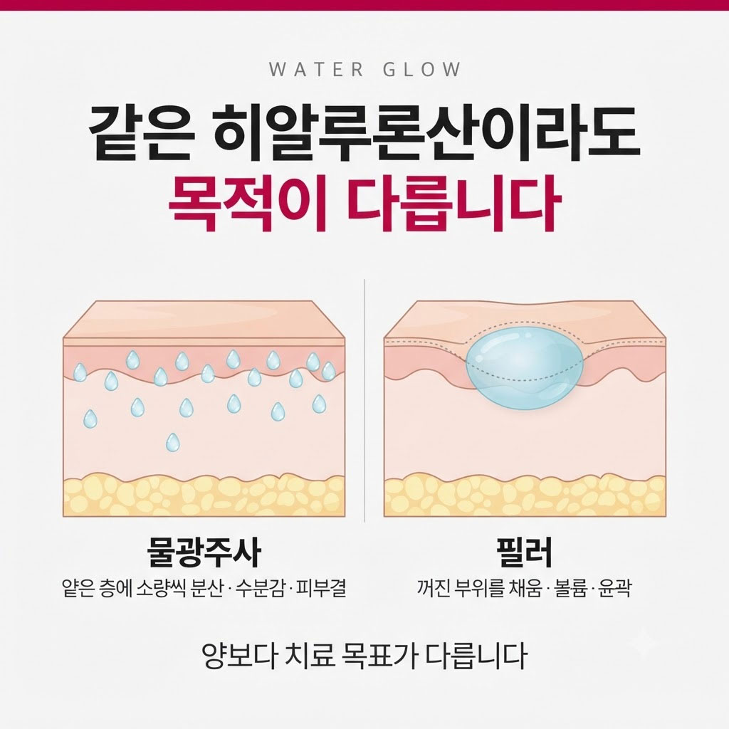 물광주사와 필러의 목적과 주입 방식을 비교하는 의료정보 이미지
