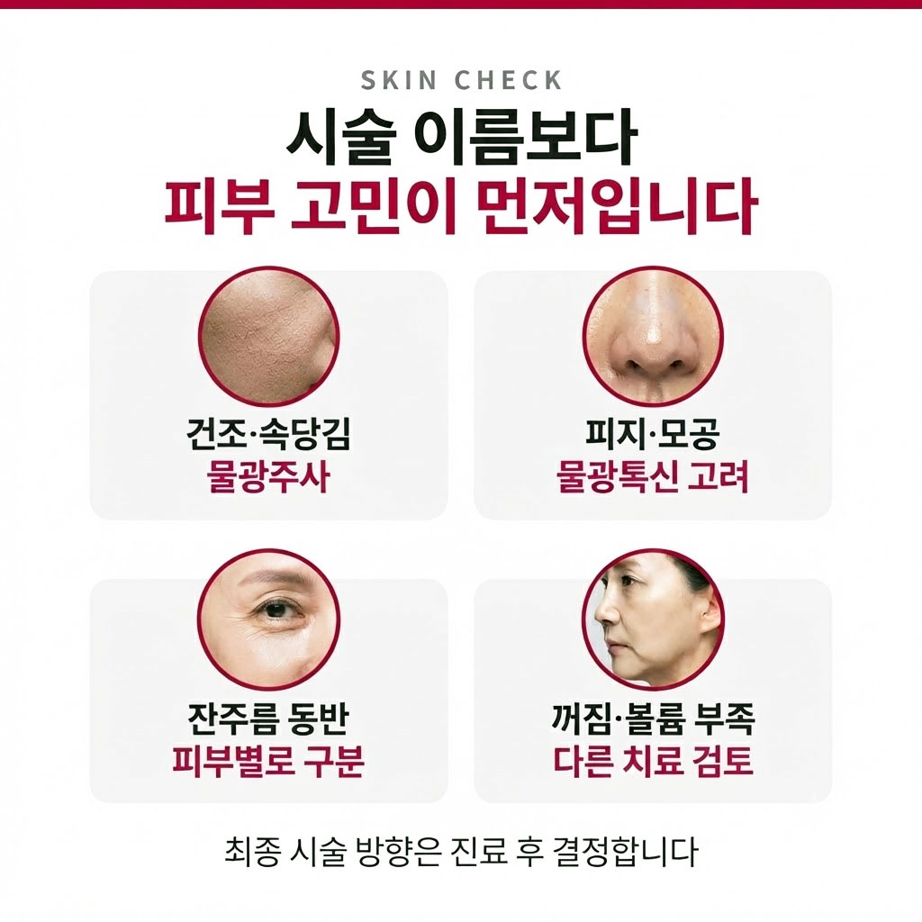 피부 고민별 물광주사 물광톡신 선택 기준 인포그래픽
