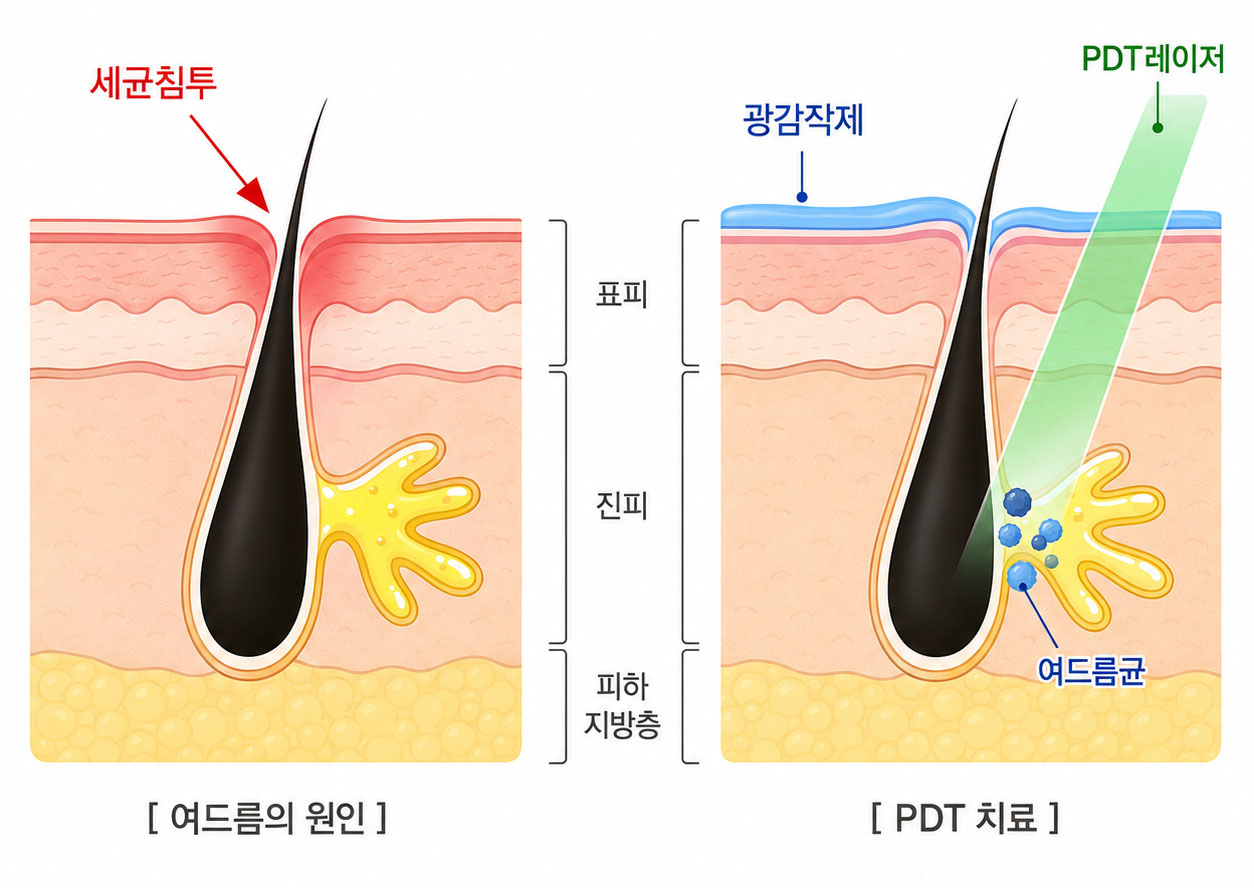 대구PDT와 BBL 420nm 무약물 여드름 광치료 차이 비교 모식도