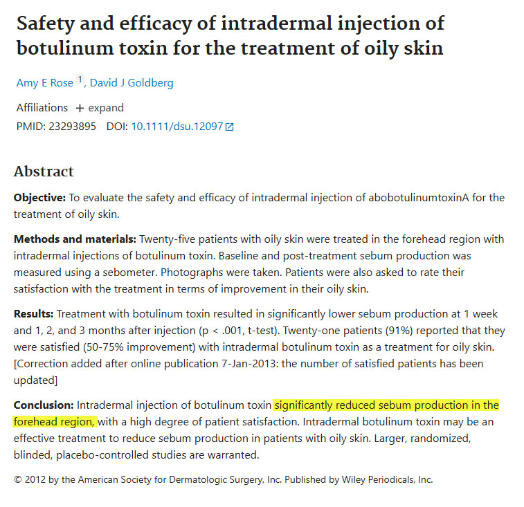 대구스킨보톡스 피지 번들거림 intradermal botulinum toxin oily skin 논문