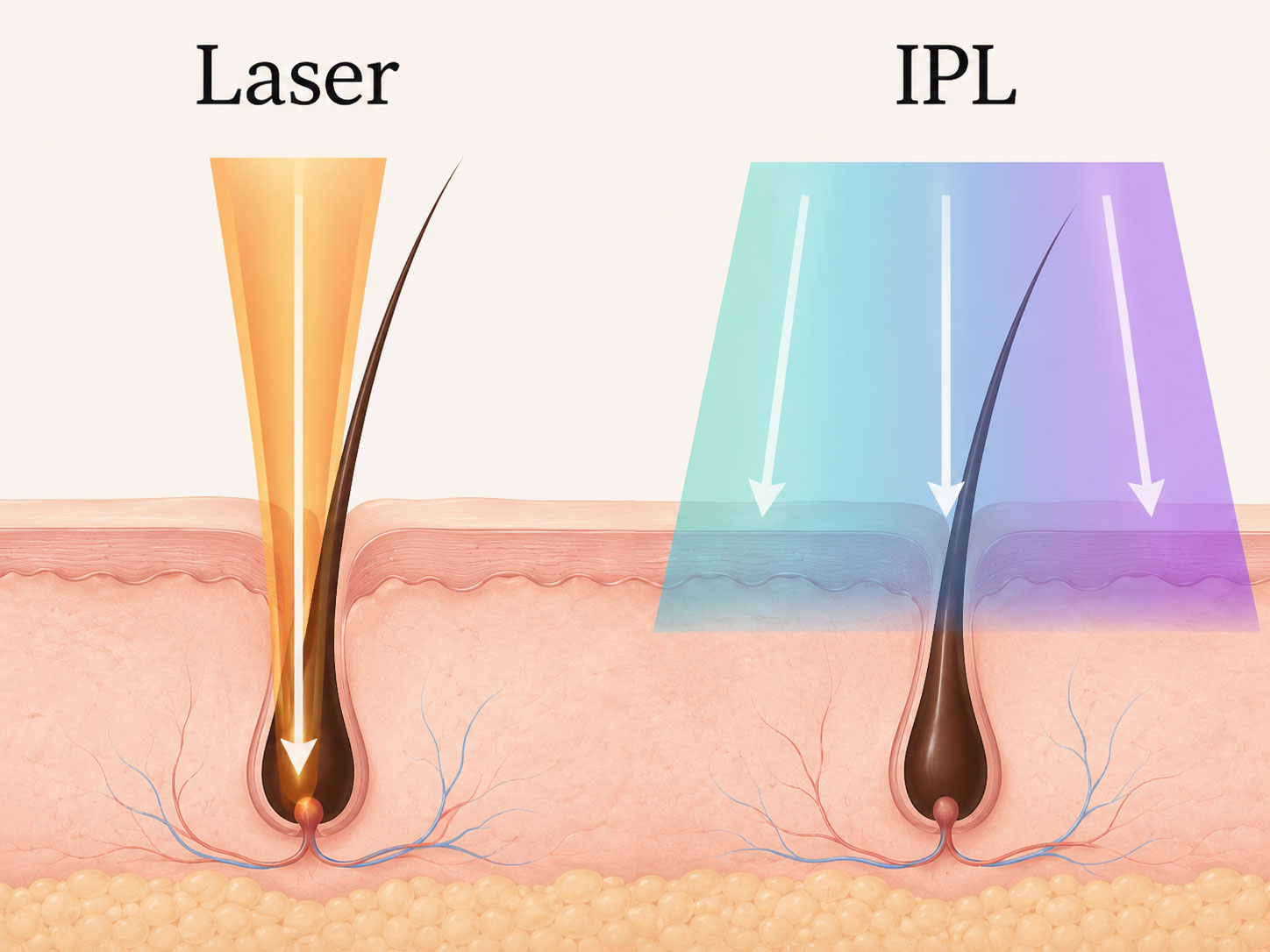 단일 파장 레이저와 광대역광(IPL·BBL)의 원리 비교 도식